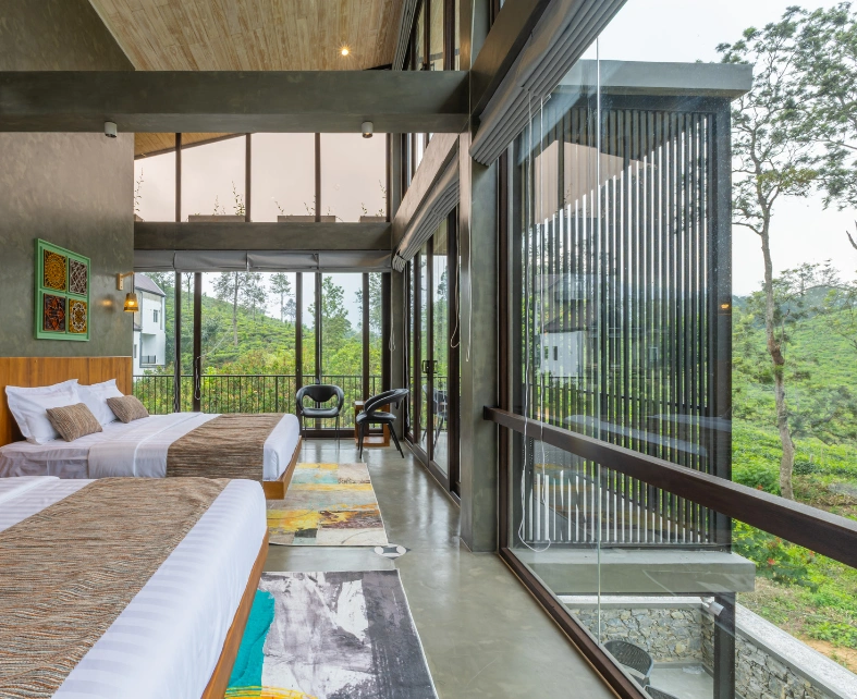 two beds in room with the mountain view