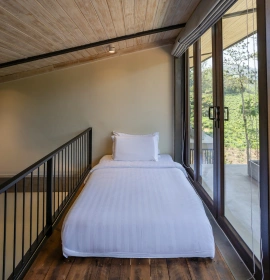 bed room with mountain view